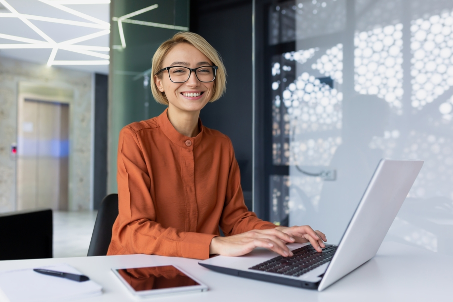 portrait of happy and successful female programmer 2023 03 10 22 23 10 utc