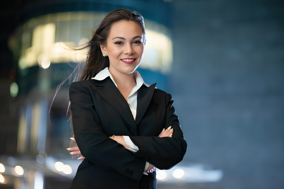 young businesswoman portrait modern city setting night